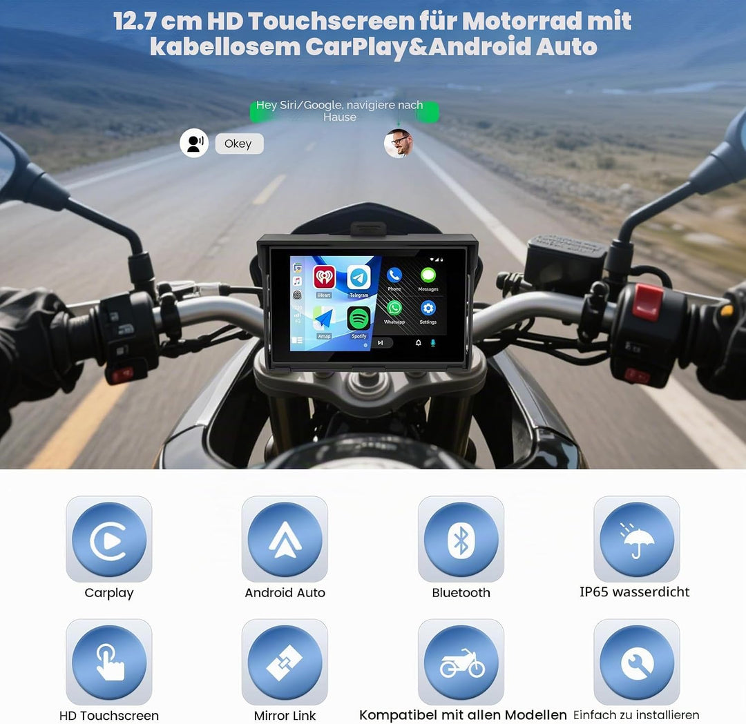 SIXWIN Carplay Motorrad Display für Moto mit Wireless Carplay Android Auto, 5 Zoll HD Touchscreen Bi