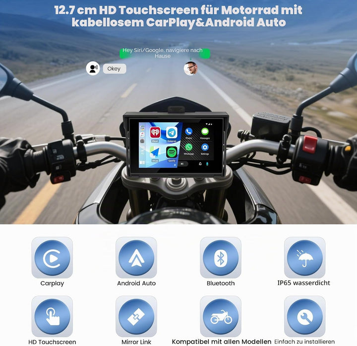 SIXWIN Carplay Motorrad Display für Moto mit Wireless Carplay Android Auto, 5 Zoll HD Touchscreen Bi