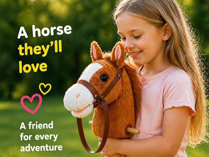 CELMAN Hobby Horse - Steckenpferd Braun A4 mit Zaumzeug und Sound - Geräuscheffekt durch Ohrdruck -