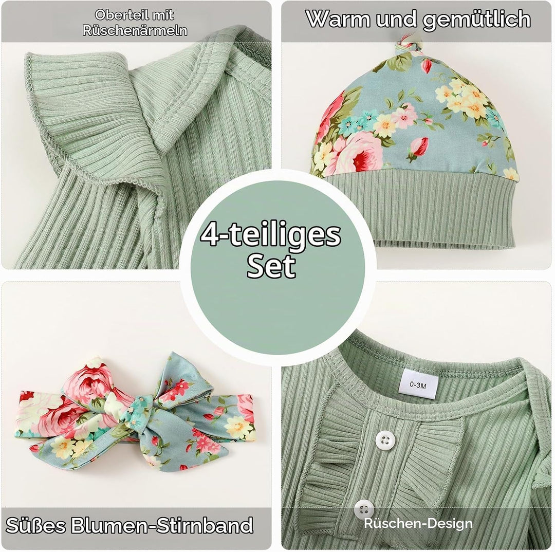 Neugeborenes Baby Mädchen Kleidung Kleinkind gerippt Ruffle lange Ärmel Strampler+ Floral Hosen+ Sti