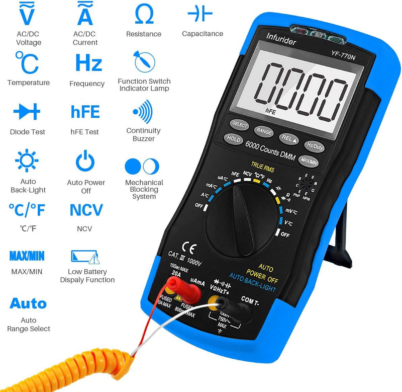 INFURIDER Digital Multimeter YF-770N,True RMS 6000 Counts Auto-Ranging Voltmeter Amperemeter Ohmmete