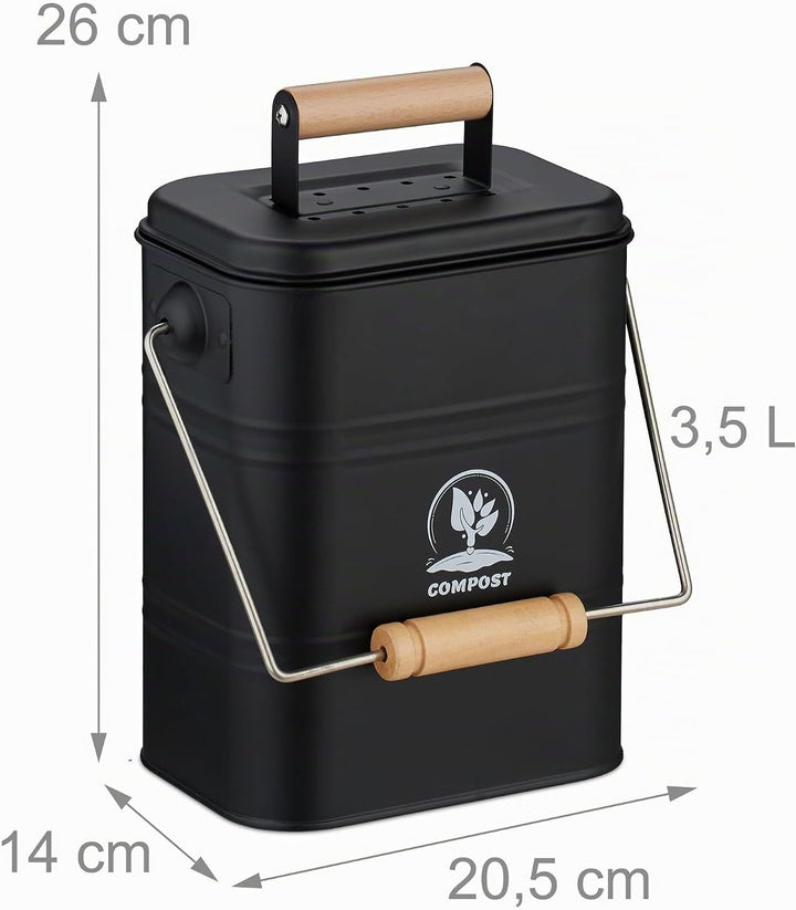 Relaxdays Komposteimer Küche, 3,5 Liter, 2 Aktivkohlefilter, Deckel, Henkel, Eisen &amp; Holz, Biomüllbe