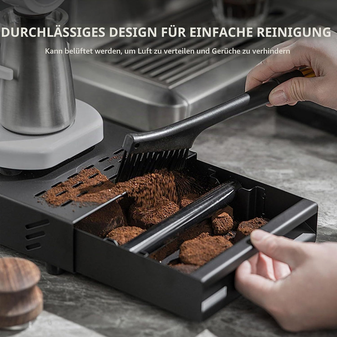 Espresso Abklopfbehälter mit Schublade – Edelstahl Knock Box mit Gummistange &amp; Anti-Rutsch-Füssen, S