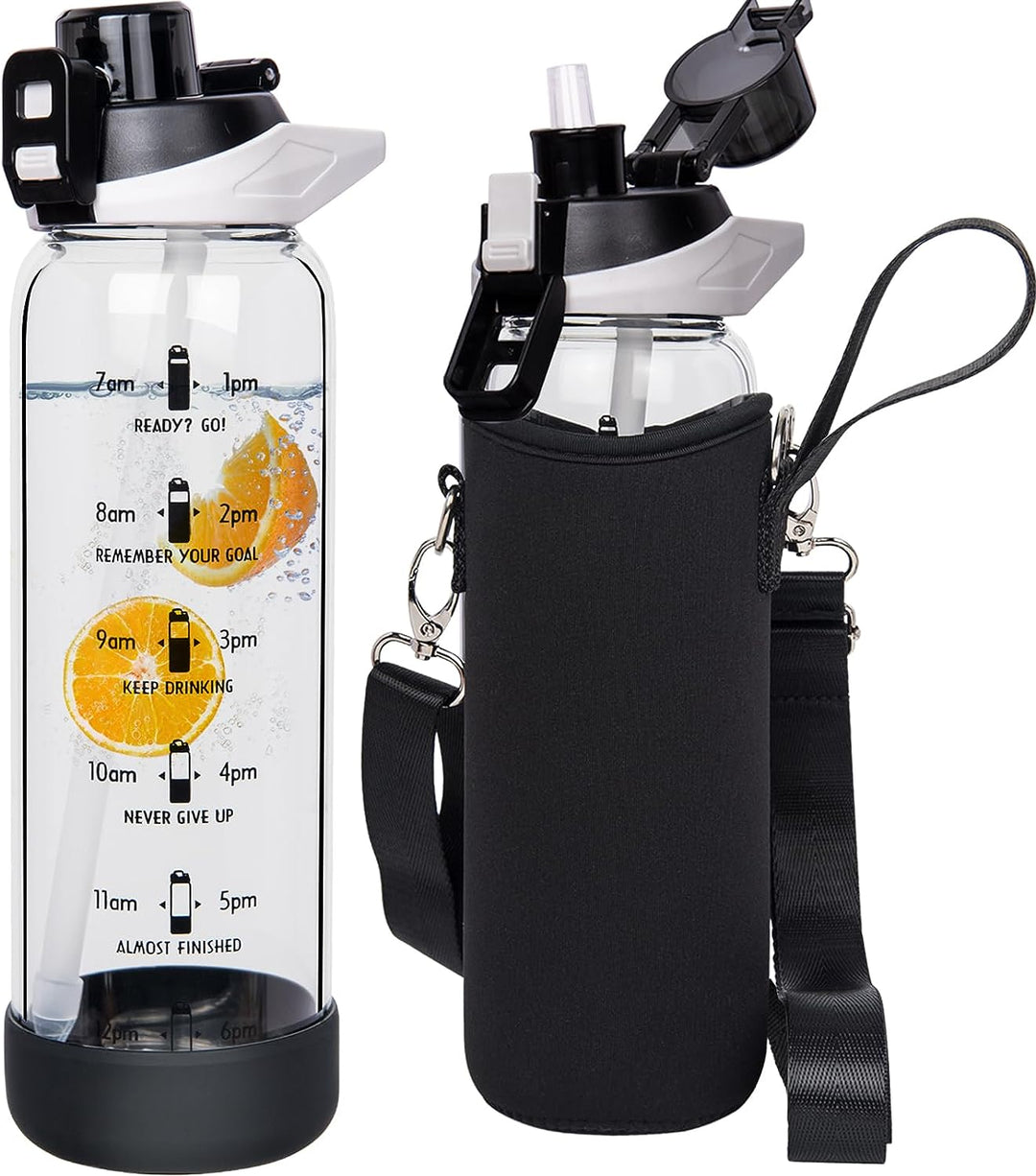 Seekua 0.8l Sport Trinkflasche Glas Flasche mit Strohhalm & Zeitmarkierung 800ml auslaufsicher bpa f