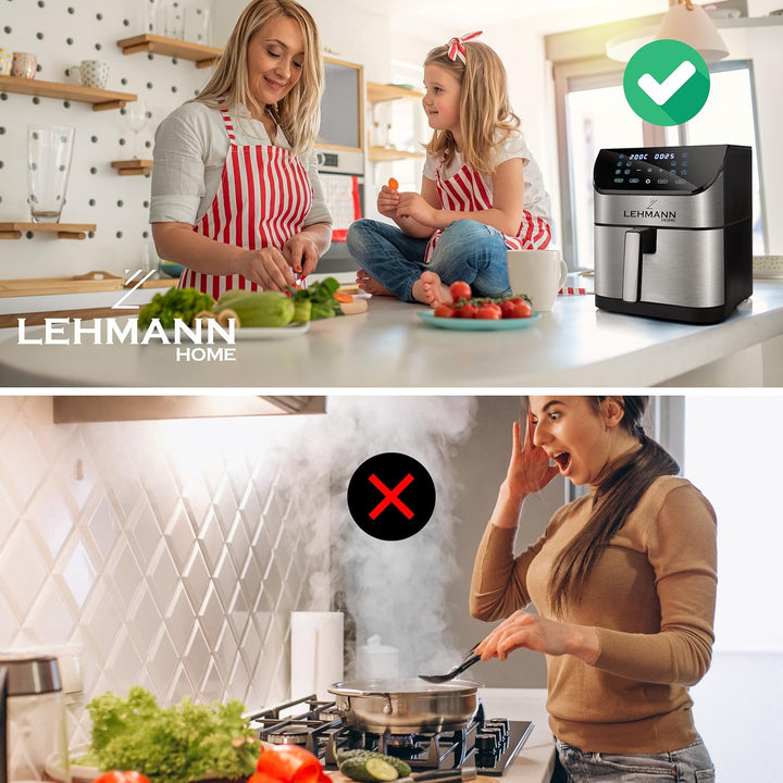 Lehmann Friteuse Heissluft XXL 1800 W, Heissluftfritteuse 8L mit bis zu 10 Programmen, Air Fryer mit