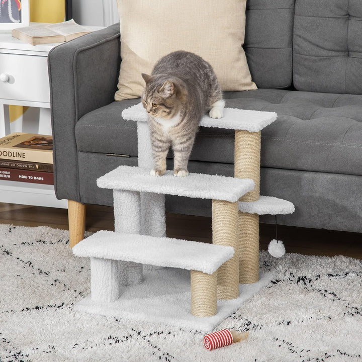 PawHut Katzentreppe 3 Stufen Tiertreppe Treppe für Katze mit Kratzsäulen Ball Haustiertreppe Hundetr