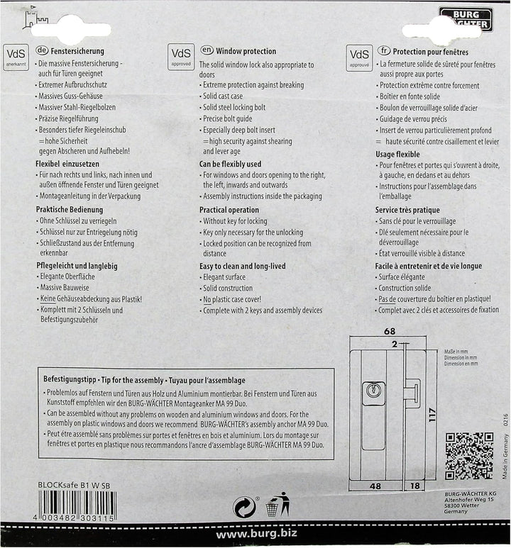 Burg-Wächter Fenstersicherung, Einbruchschutz für Fenster und Balkontüren, Abschliessbar, Unter-/Obe