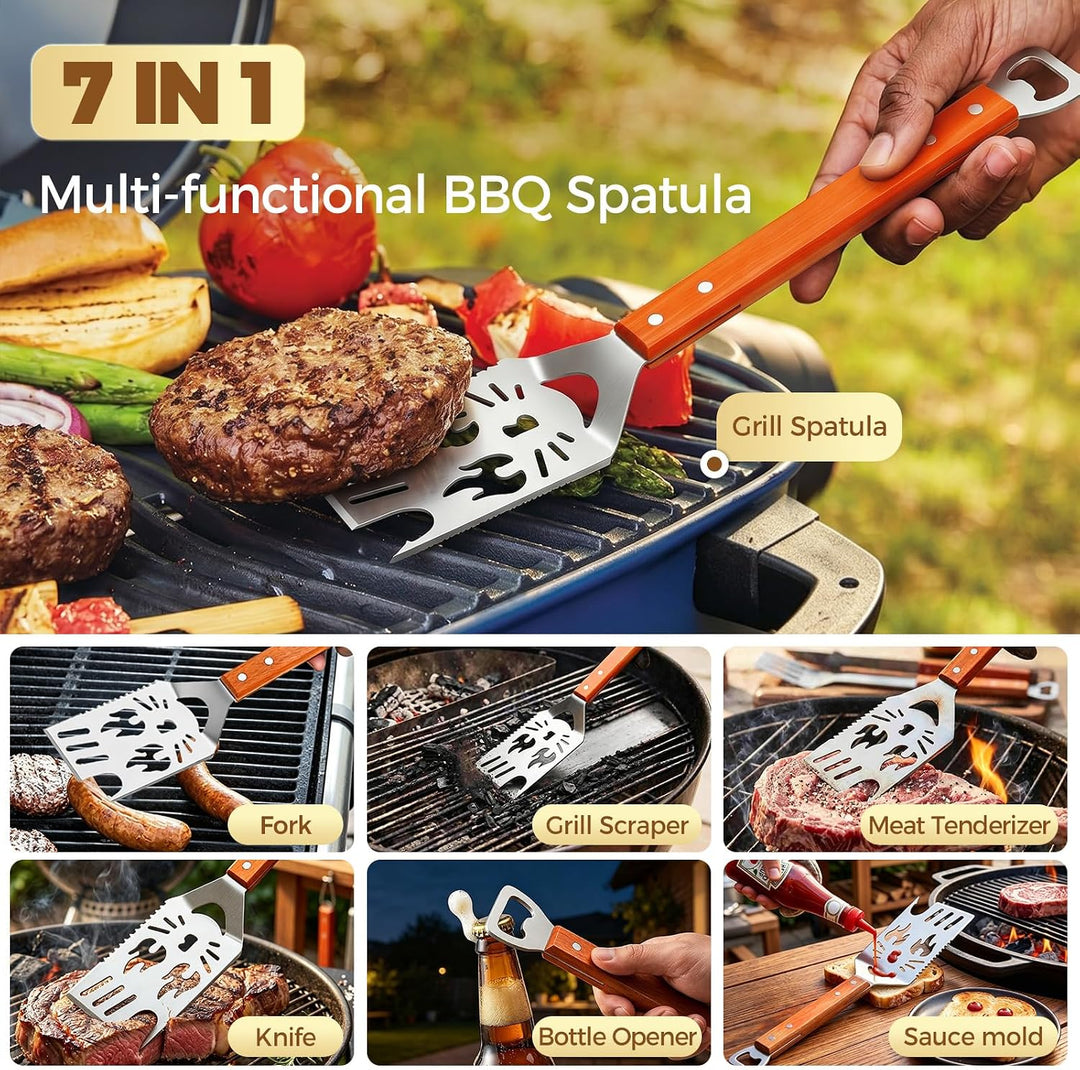 Yoassi BBQ Grillbesteck Set 3-teilig Edelstahl, Grillzubehör mit Grillzange, Grillwender, Fleischgab