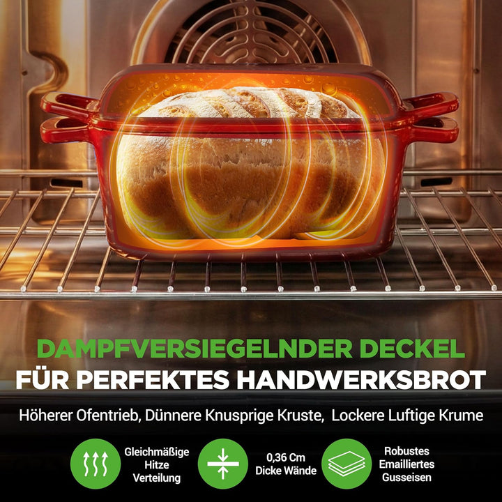 NutriChef Gusseisen Topf - Brotbacktopf - mit Deckel - 25,4 cm ovaler Brottopf mit Silikonhandschuhe