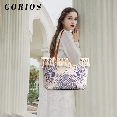 CORIOS Damen Canvas Handtasche Ethnischer Stil Schultertasche Böhmische Tote Beutel Sommer Strand Ta
