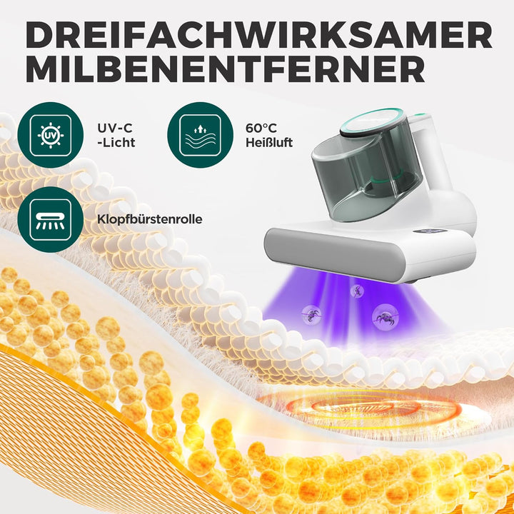 HAUSHOF Milbensauger für Matratzen 16 kPa mit UV Licht &amp; 60℃ Heissluft, Matratzenreiniger 400W mit D