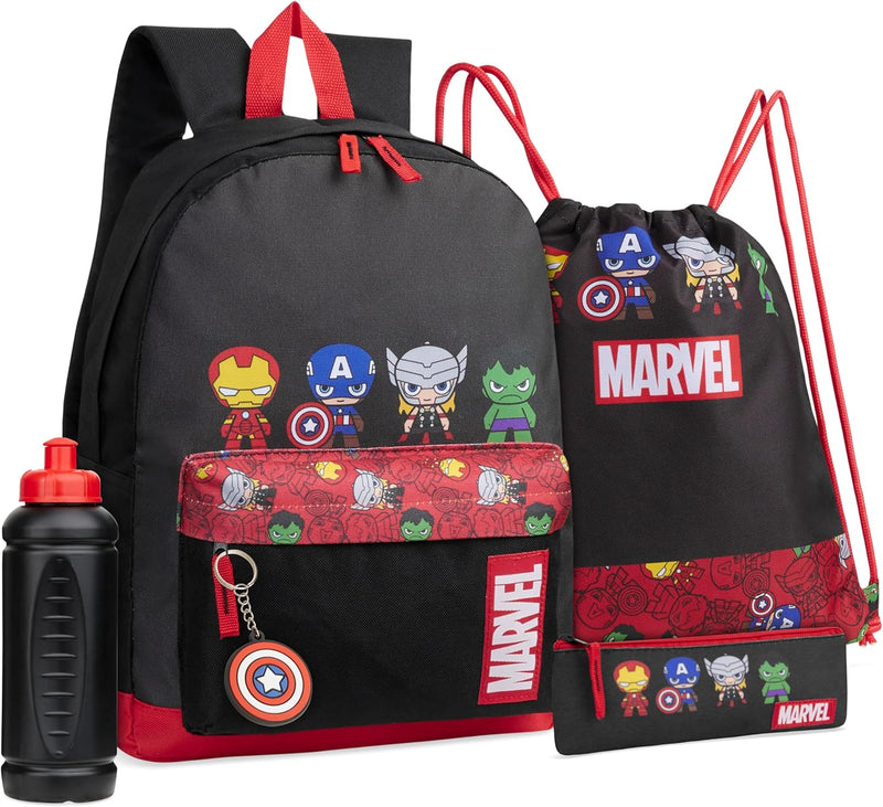 Marvel Schulrucksack Set mit Rucksack Kinder, Turnbeutel, Federmäppchen Jungen, Trinkflasche 470 ml