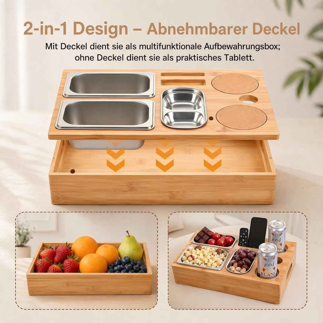 Couchbar Snackbox, Bambus Sofa Tablett mit 2 Getränkehaltern | 3 Snackschalen aus Edelstahl, Geschen
