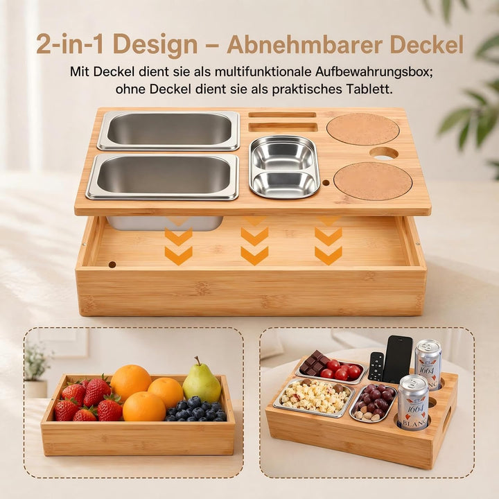 Couchbar Snackbox, Bambus Sofa Tablett mit 2 Getränkehaltern | 3 Snackschalen aus Edelstahl, Geschen