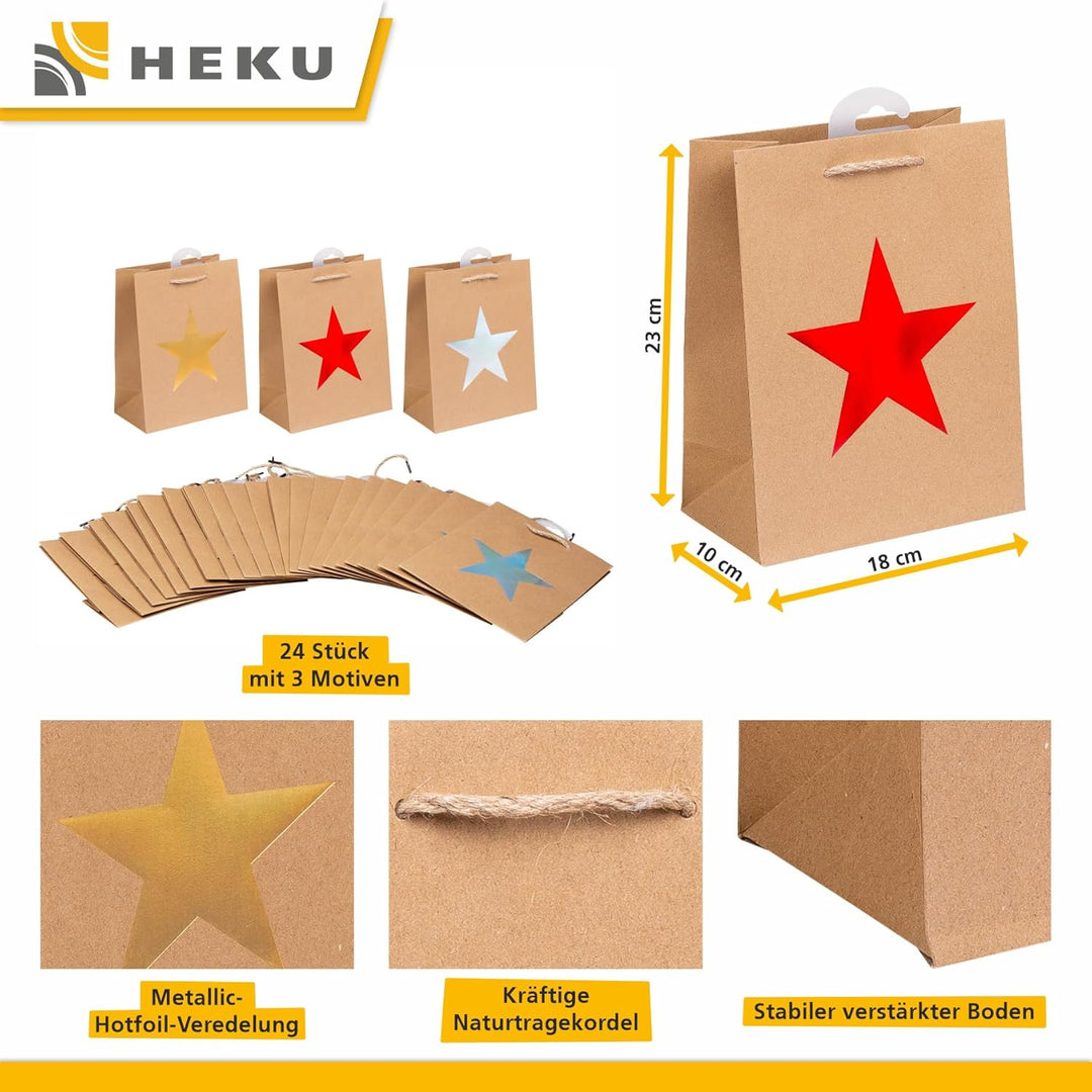 HEKU 24er Set Hochwertige Geschenktaschen aus Papier, Stern-Motiv, Metallic-Aufdruck I 3 Farben (rot