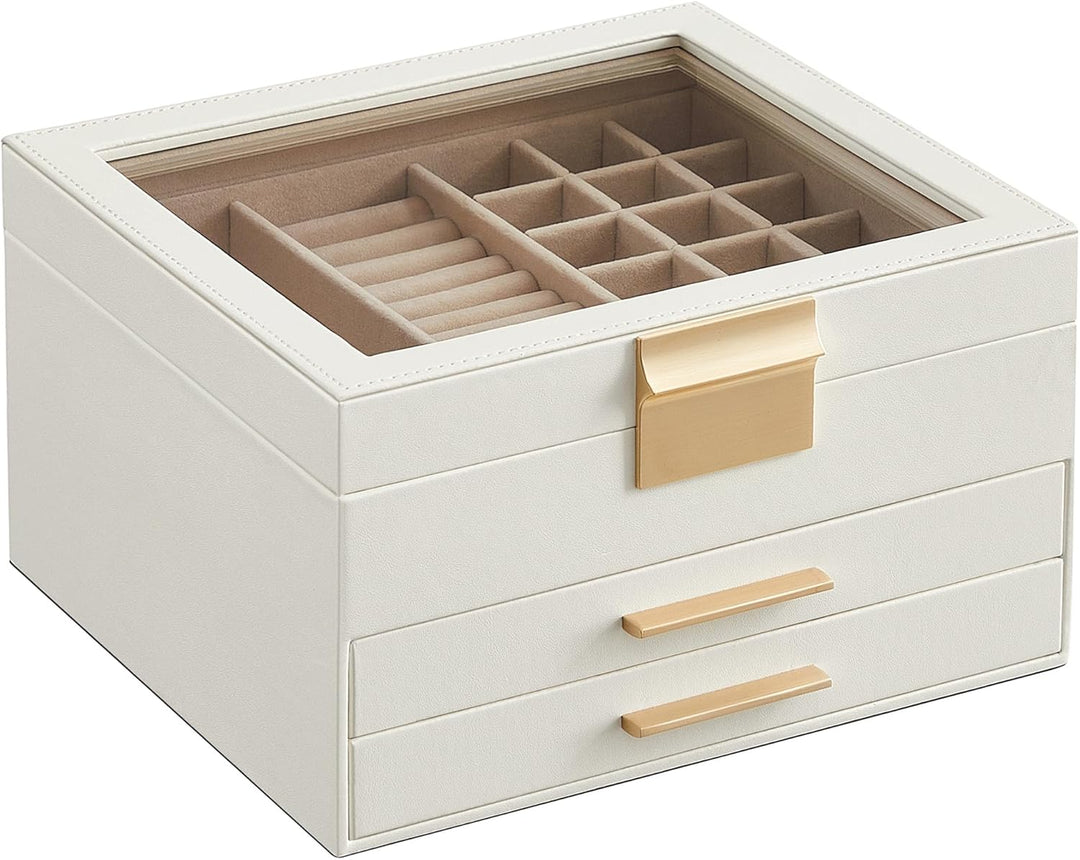 SONGMICS Schmuckkästchen mit Glasdeckel Schmuckkasten mit 3 Ebenen, Schmuckbox mit 2 Schubladen, Sch