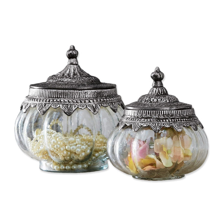 Loberon® Glasdosen 2er Set Madelon, Zwei Grössen, mundgeblasen, kunstvoll verzierte Deckel im Antik-