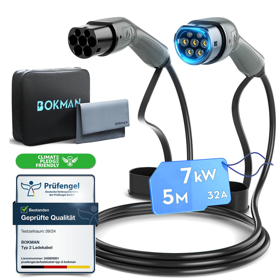 bokman Typ 2 Ladekabel, Modus 3 / 32A / 7,2 kW / 1-Phasig / 5 Meter, Typ 2 auf Typ 2 EV Ladekabel fü