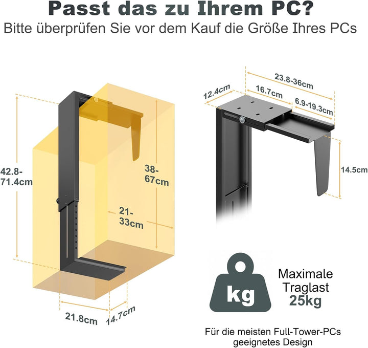 Unter-Tisch PC Halterung – Verstellbare PC Tower Halterung 21–33 cm breit, bis 22,7 kg belastbar, St