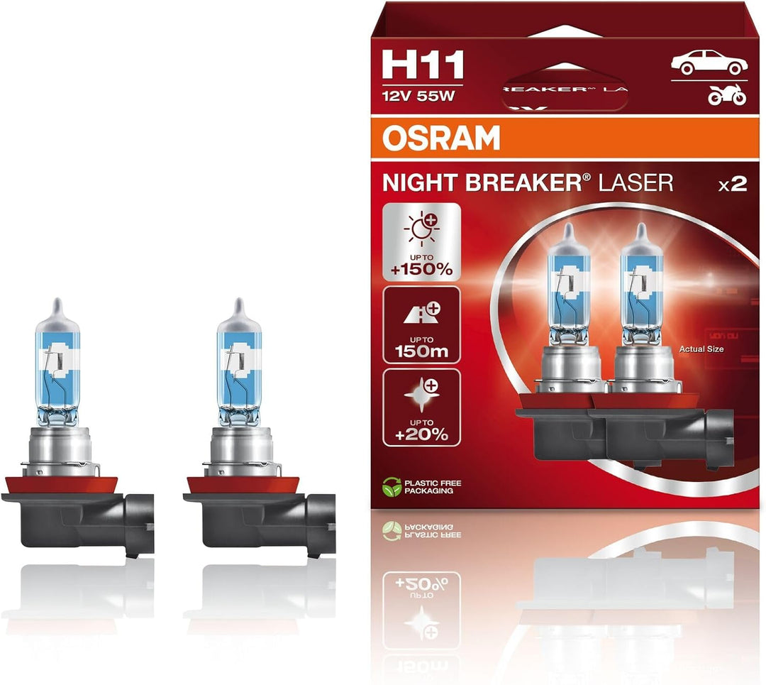 OSRAM NIGHT BREAKER LASER H11, +150% mehr Helligkeit, Halogen-Scheinwerferlampe, 64211NL-HCB, 12V PK