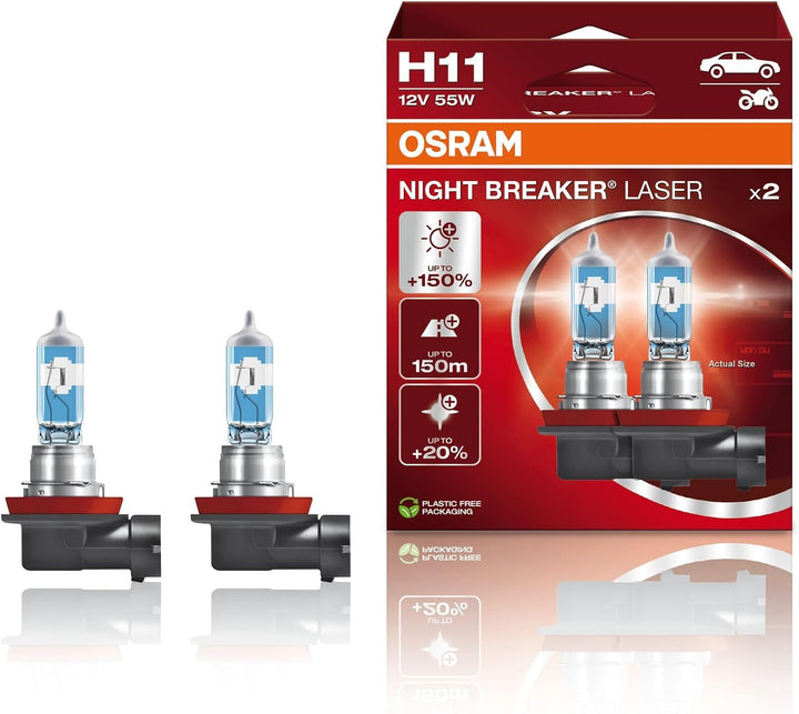 OSRAM NIGHT BREAKER LASER H11, +150% mehr Helligkeit, Halogen-Scheinwerferlampe, 64211NL-HCB, 12V PK