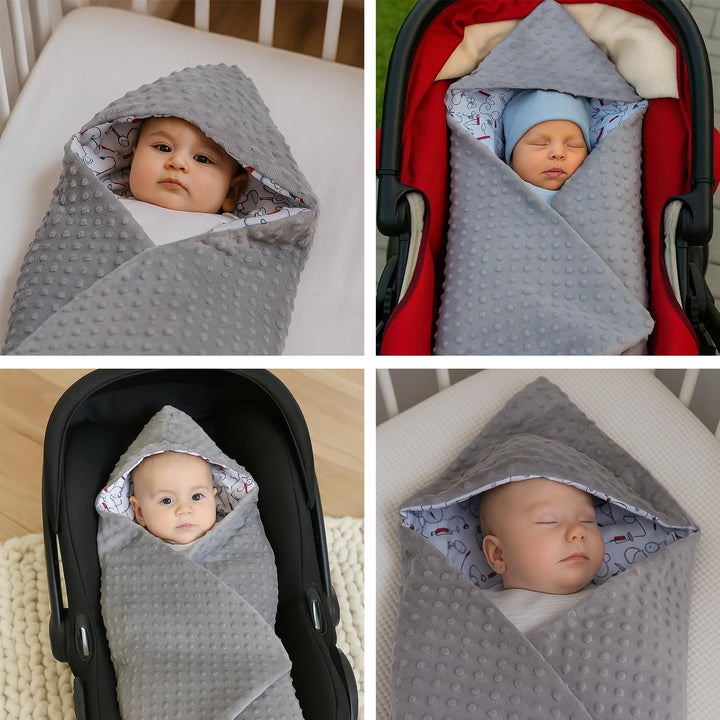 Baby Einschlagdecke Doppelseitig 86x86 cm Minky-Plüsch für Kinderwagen und Babybett (Grau Minky-Stör