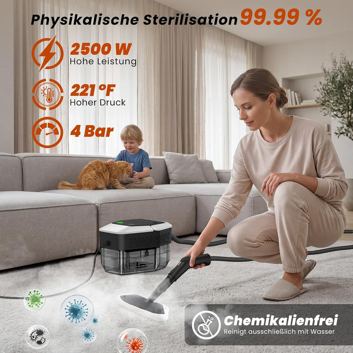 14 in 1 Dampfreiniger, 3 Stufig Einstellbarer Griff, Temperaturanzeige, 15 Sekunden Aufheizzeit, 1,8
