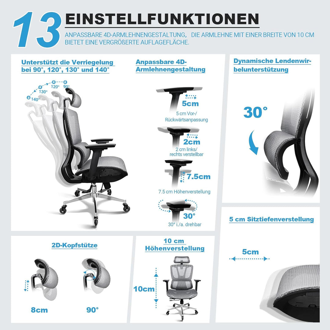 Bürostuhl Ergonomisch, 4D-Armlehnen, Verstellbare Sitztiefe, 4-stufige Neigung, Gummirollen, Mesh-Si