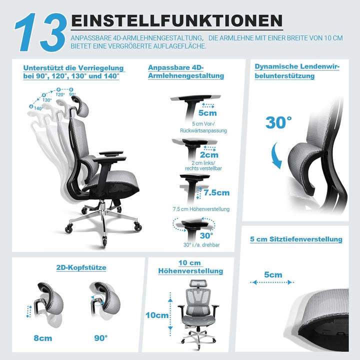 Bürostuhl Ergonomisch, 4D-Armlehnen, Verstellbare Sitztiefe, 4-stufige Neigung, Gummirollen, Mesh-Si