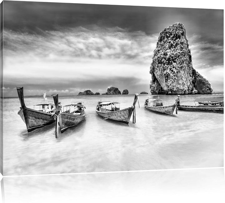 Pixxprint Monocrome, Schöne Boote von Einheimischen im Pazifik, Format: 100x70 auf Leinwand, XXL rie