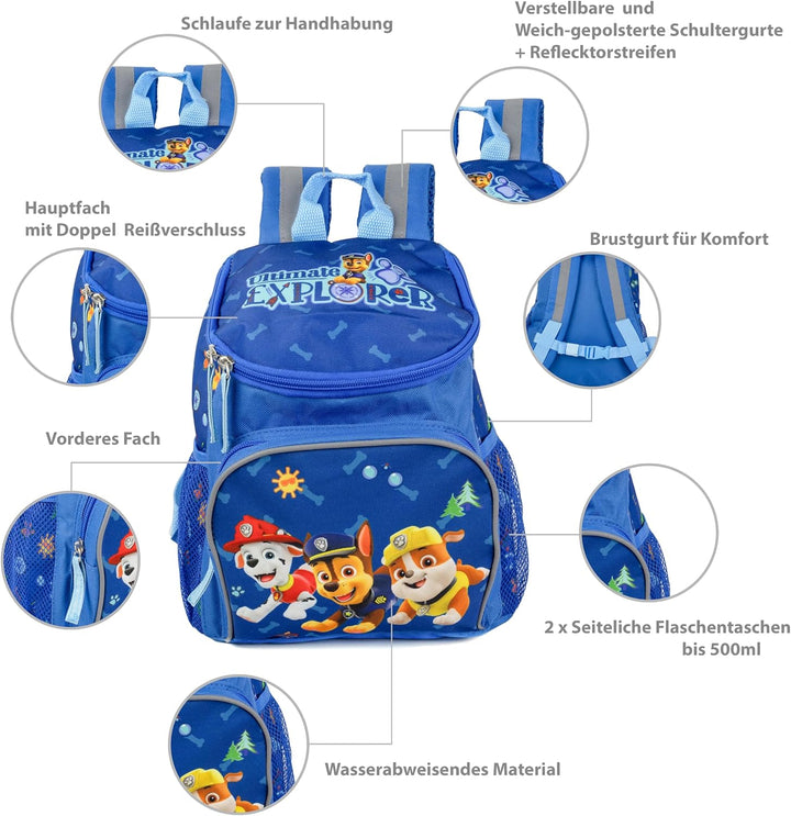 Paw Patrol Rucksack mit Chase, Marshall und Skye Jungen Mädchen von 3-6 Jahren, Kita- und Kindergart