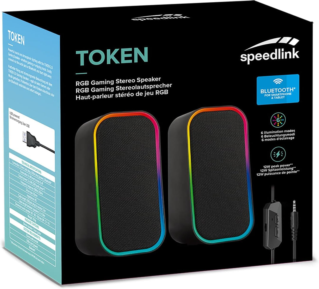 Speedlink Token Gaming PC Lautsprecher Bluetooth - RGB Gaming Lautsprecher, 3,5mm AUX Klinke oder Bl