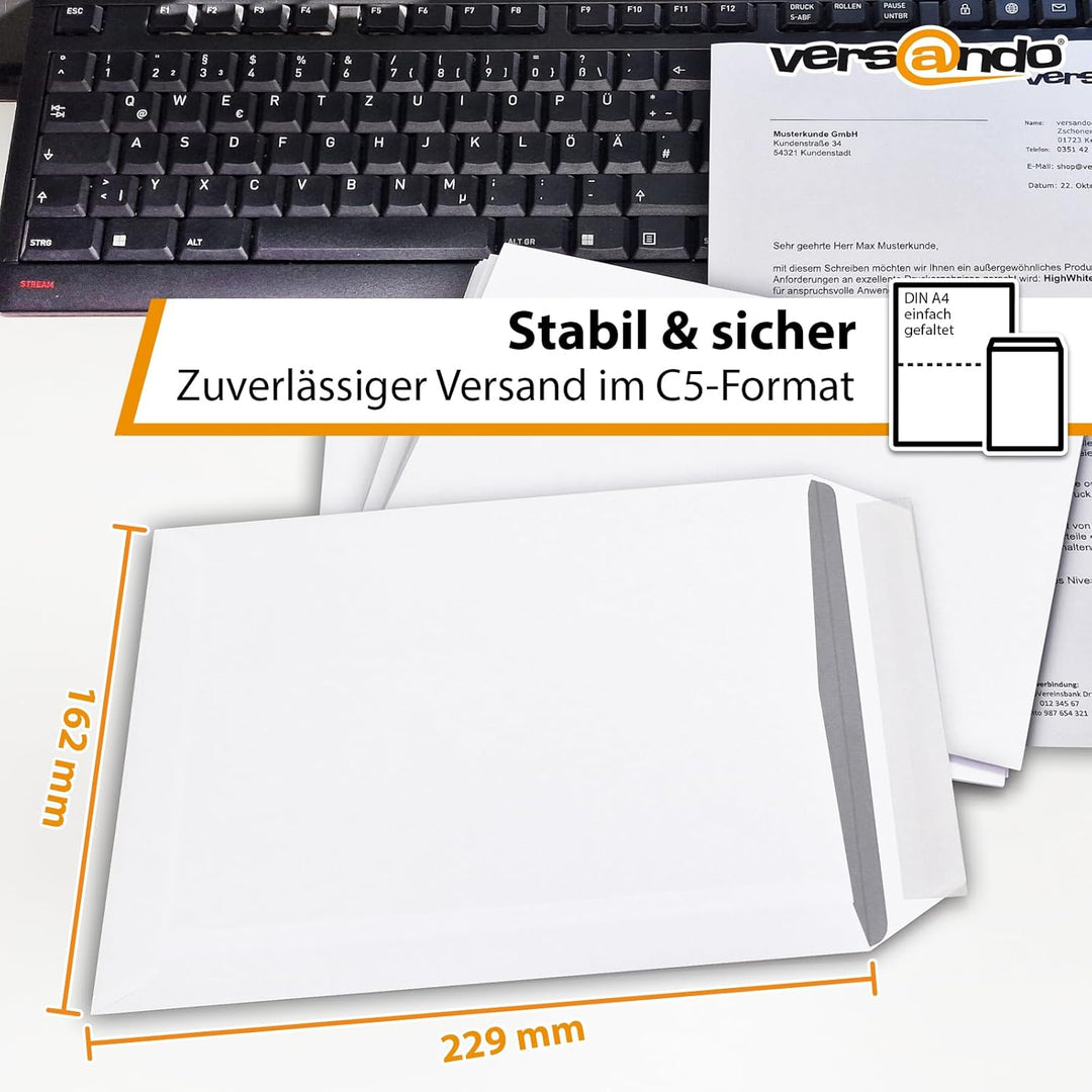 versando 500x C5 Versandtaschen ohne Fenster 162mm x 229 mm Briefumschläge selbstklebend weiss