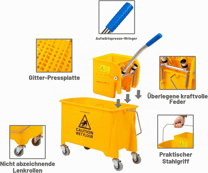 Mind Reader Mobile Heavy Duty Mop Bucket with Upward Press Wringer, 22-Quart Capacity, 16.25"L x 10.