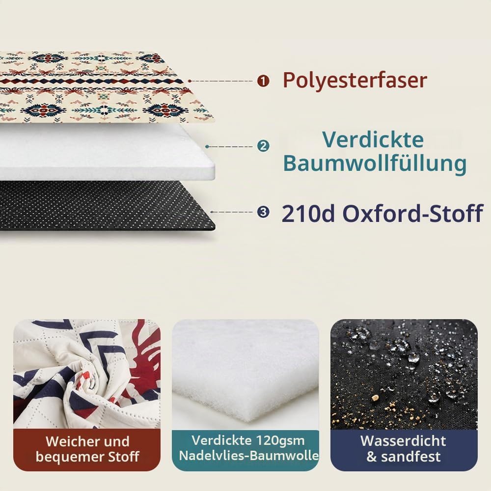 Boho Picknickdecke Wasserdicht Picknickdecke 200x200, Stranddecke Sandfrei Tragbare Waschbar, Outdoo