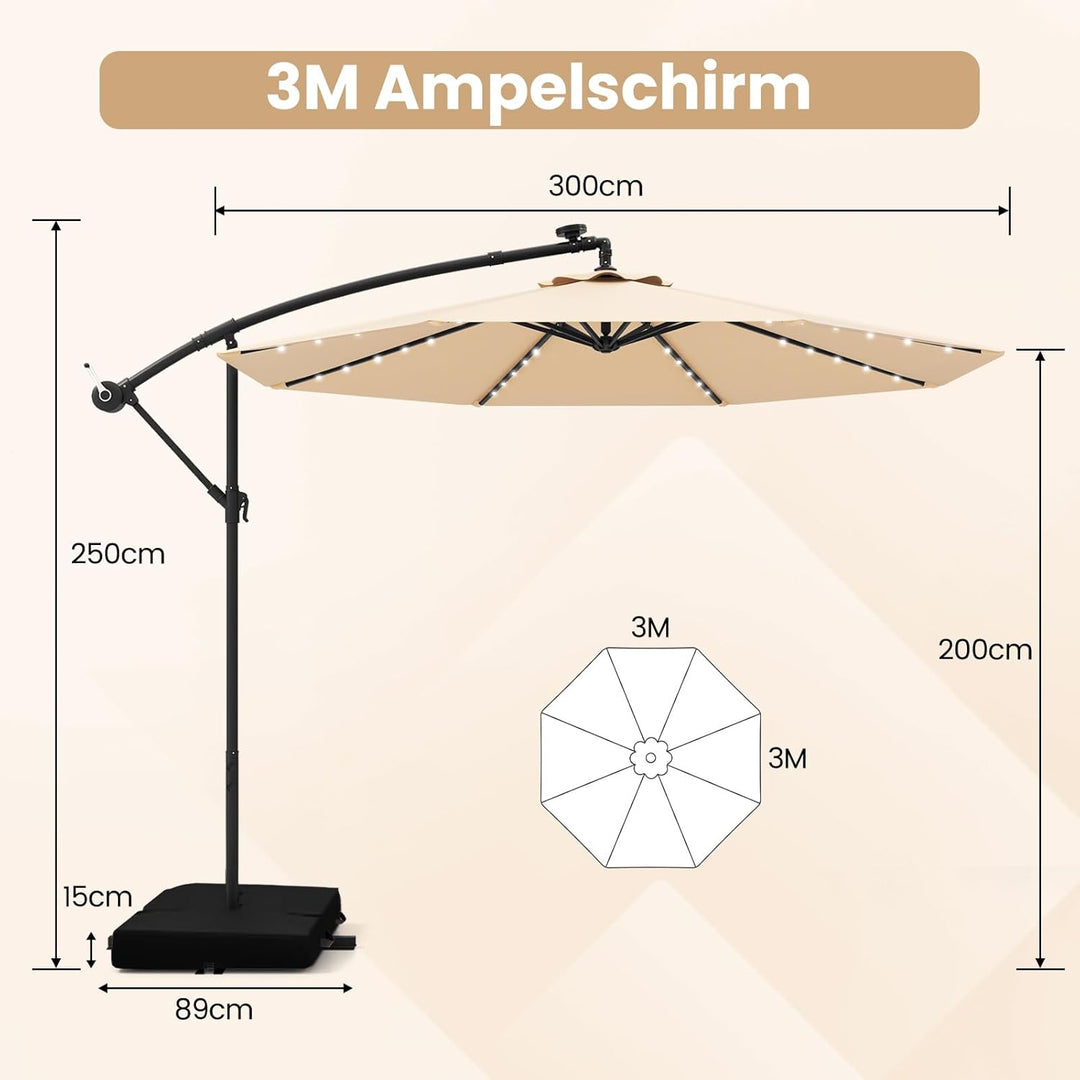 COSTWAY 300 cm Sonnenschirm mit Ständer und LED-Leuchten, Ampelschirm mit Kurbel, Gartenschirm, UV-S