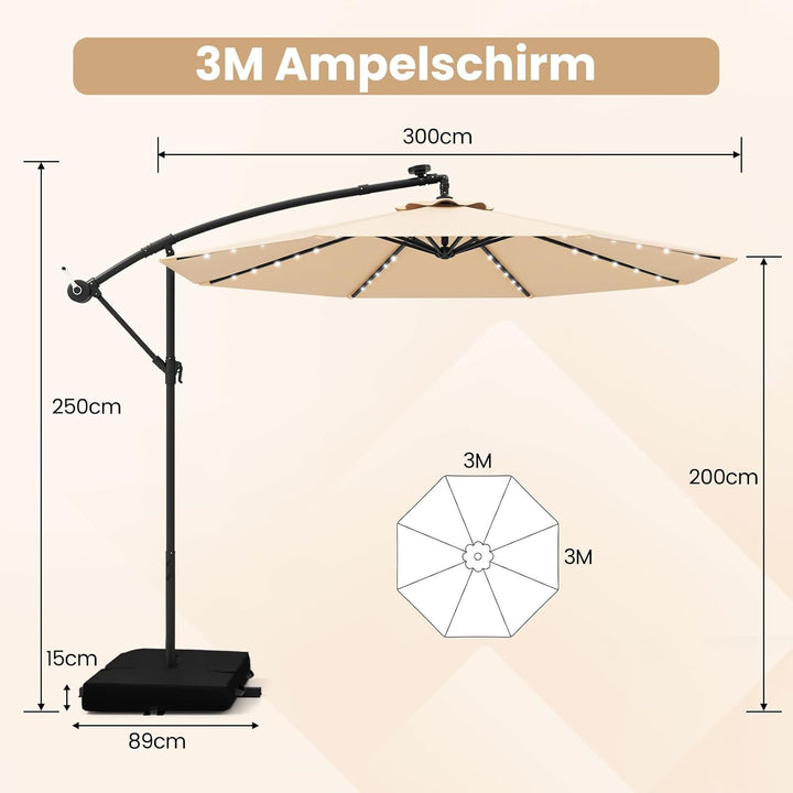 COSTWAY 300 cm Sonnenschirm mit Ständer und LED-Leuchten, Ampelschirm mit Kurbel, Gartenschirm, UV-S