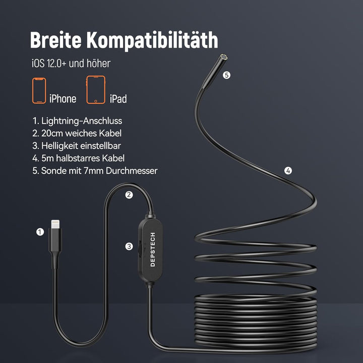 Endoskopkamera mit Licht Handy iPhone, DEPSTECH 7mm Endoskop 2MP HD nur für iPhone/iPad/iOS 12.0+, R
