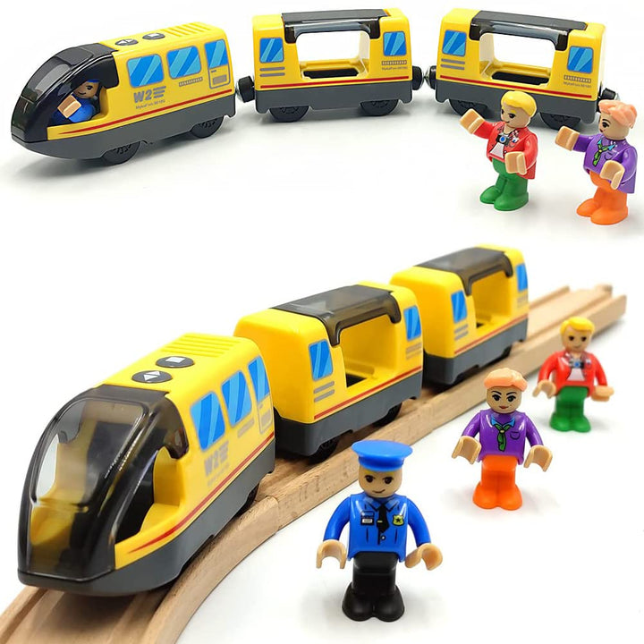 Batteriezug, magnetische Verbindung, Intercity-Zug mit Figuren für Holzeisenbahn-Gleisspielzeug, Lok