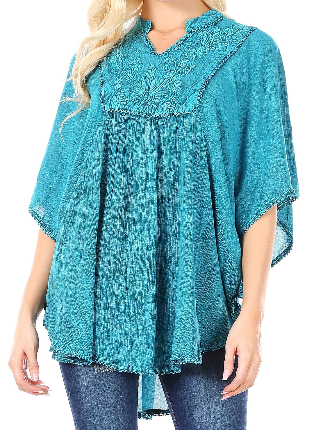 Sakkas Amori V-Ausschnitt Stickerei Poncho Top/vertuschen, Einheitsgrösse A-türkis
