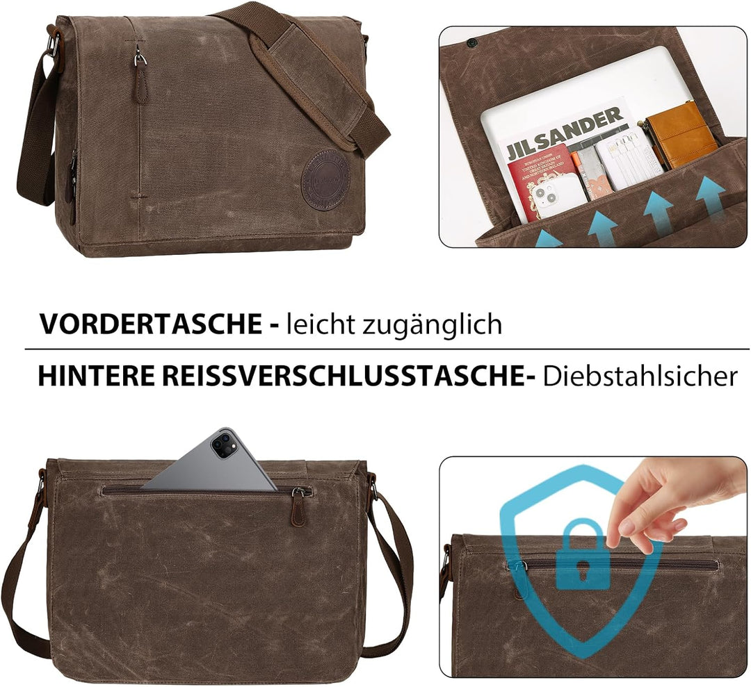 Leathario Umhängetasche Herren 14 Zoll, Messenger Bag aus Echtleder und Geöltem Segeltuch, Arbeitsta
