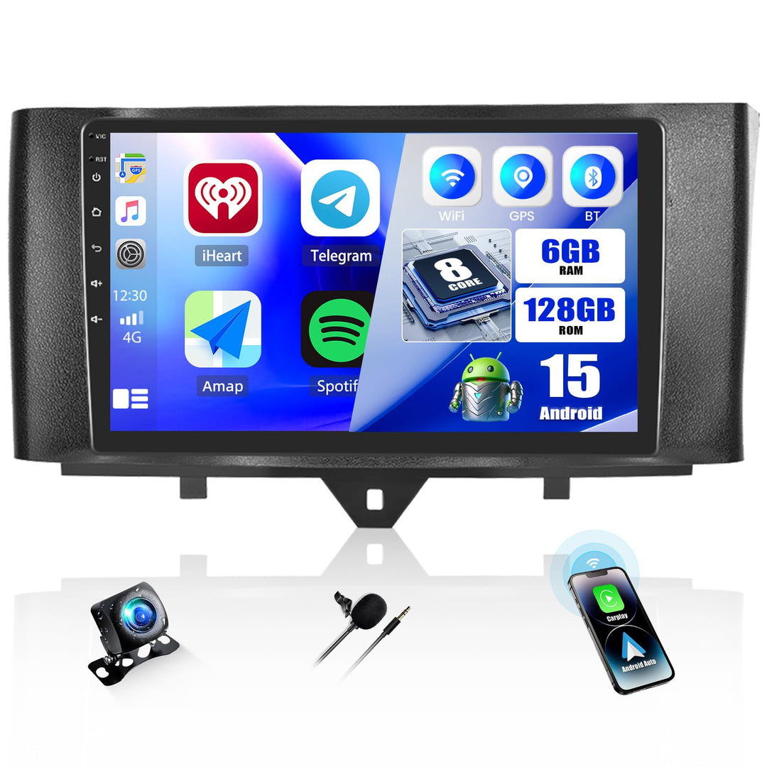 6+128G 8-Kern Android 15, CAMECHO 9 Zoll Navi Autoradio für Mercedes-Benz Smart Fortwo 2011-2015 mit