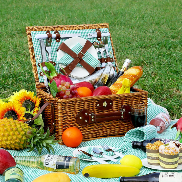 Picknickkorb Set für 4 Person mit Kühlfach und wasserdichte Picknickdecke, Abnehmbarer Riemen, Beste