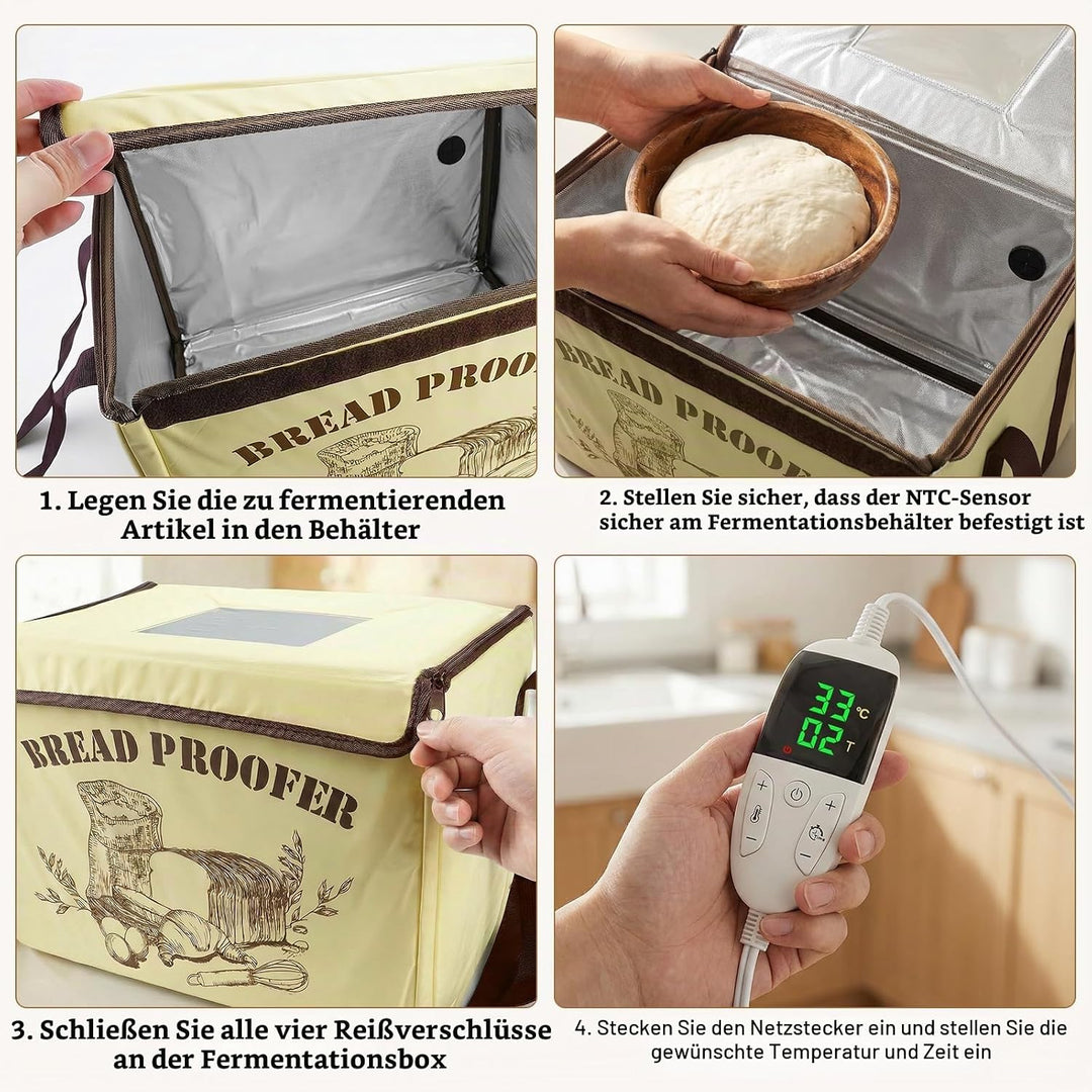 Brot Gärbox Sauerteig Dreiseitige Heizung, Faltbarer Gärschrank 10-45°C NTC-Sensor, 48H Timer Sauert