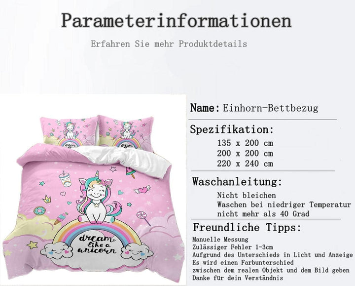 AOXHFNV Rosa Einhorn Bettbezug,Schöner Regenbogen weisse Wolke Einhorn Mädchen Kinder Bettwäsche 135