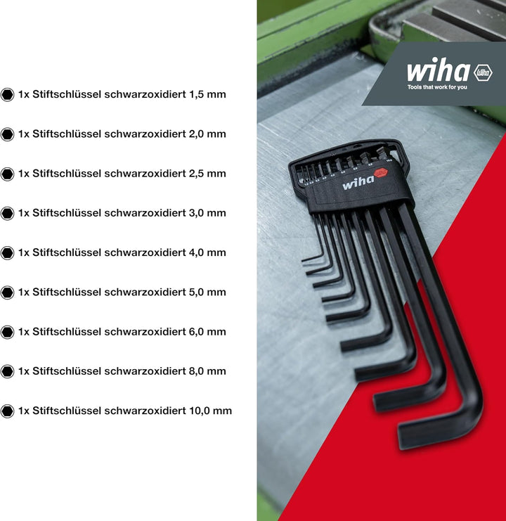 Wiha Stiftschlüssel Set 9-tlg. im Classic Halter I Sechskant-Kugelkopf I 1,5 mm - 10 mm I schwarzoxi