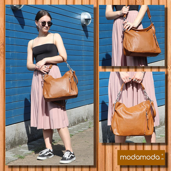 modamoda de - T183 - ital. Damen Schultertasche aus Leder Graugrün, Graugrün