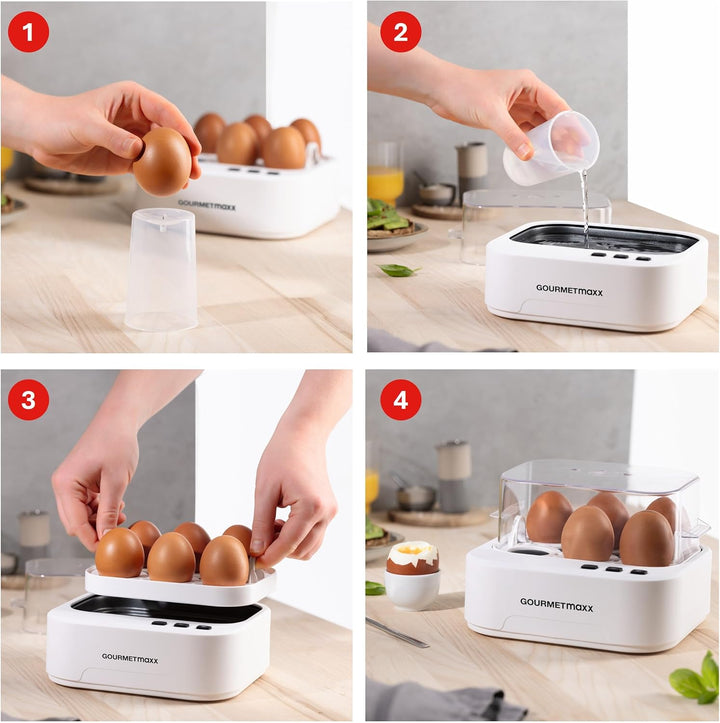 GOURMETmaxx Sprechender Eierkocher für 6 Eier | Design Egg Cooker mit Eierstecher, Messbecher & Spra