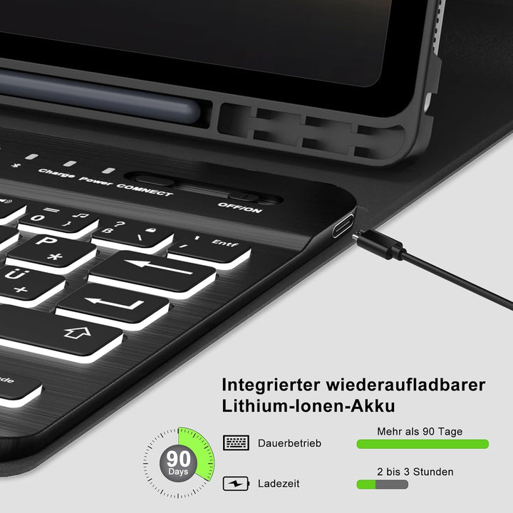 Hülle mit Tastatur für Samsung Galaxy Tab A9 8.7'' 2023, 7 Farben Beleuchtung, QWERTZ Deutsches, Mag