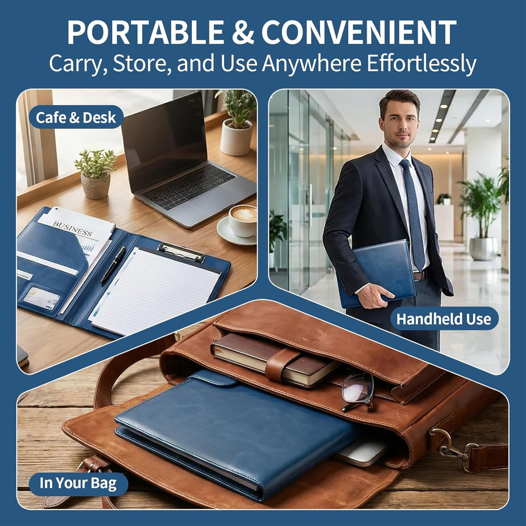 Klemmbrettmappe A4 aus PU-Leder, Magnetische Faltbare Clipboard Schreibmappe mit Deckel, Stiftehalte